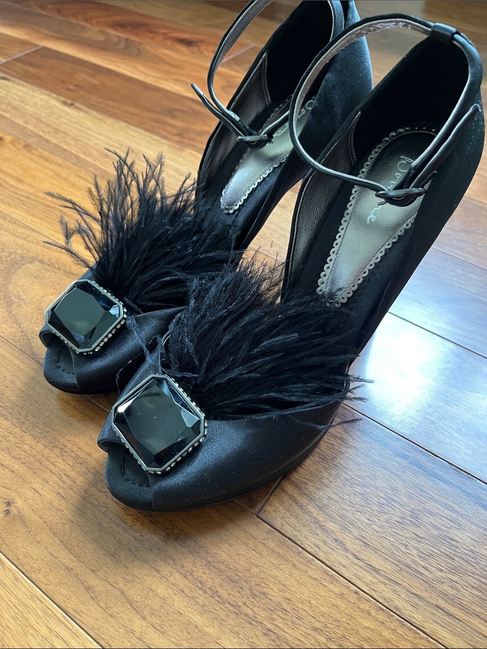 Bourne Black Feather-Accent Peep Toe Heels